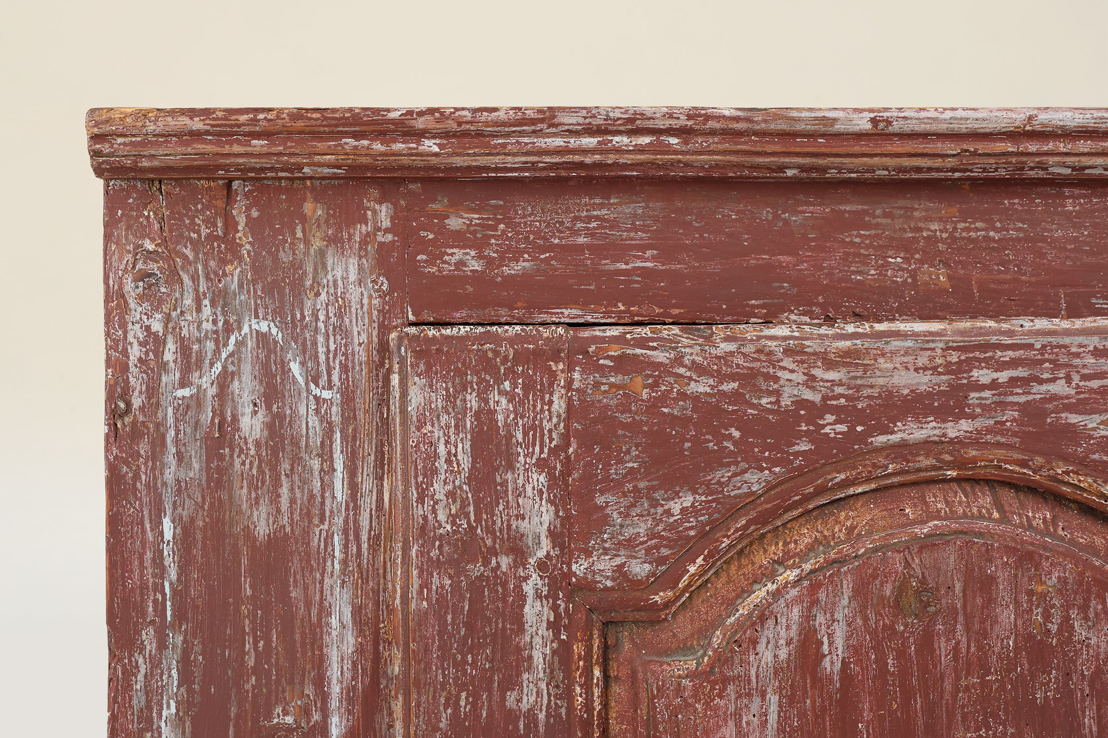 Rustic Parisian cabinet in pine wood with old burgundy paint layers, ca. 1820thumbnail